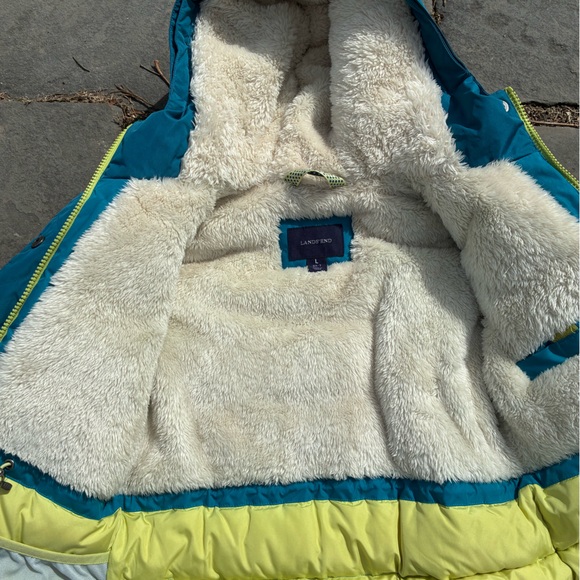 Lands' End Bright Teal Hooded Puffer Jacket with Sherpa Hood - Picture 3 of 8